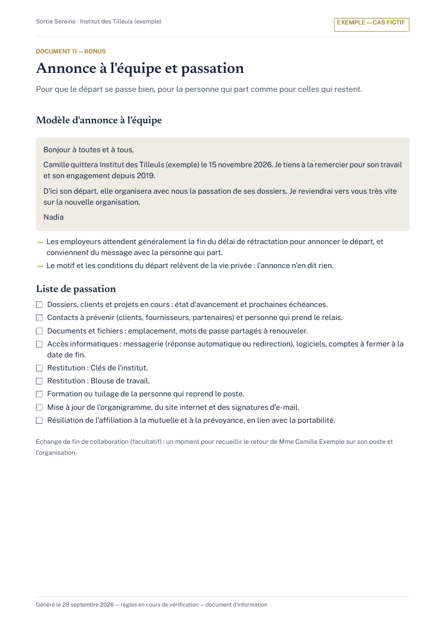 Aperçu de la première page : Annonce à l'équipe et passation
